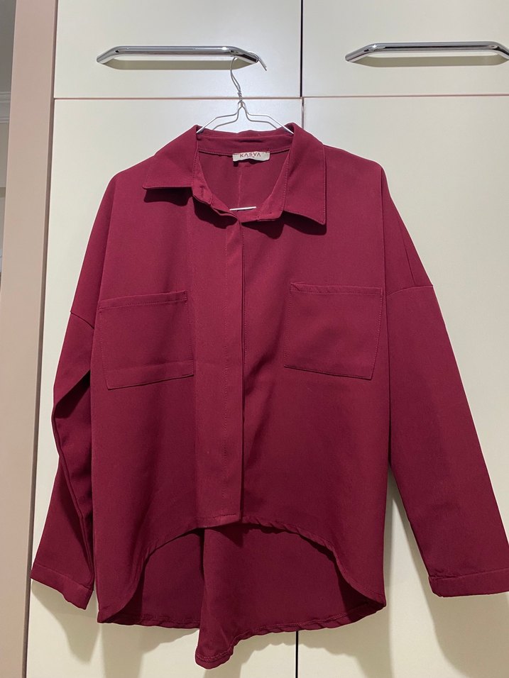 Bordo Düğmeli Salaş Kadın Gömlek - Görsel 4