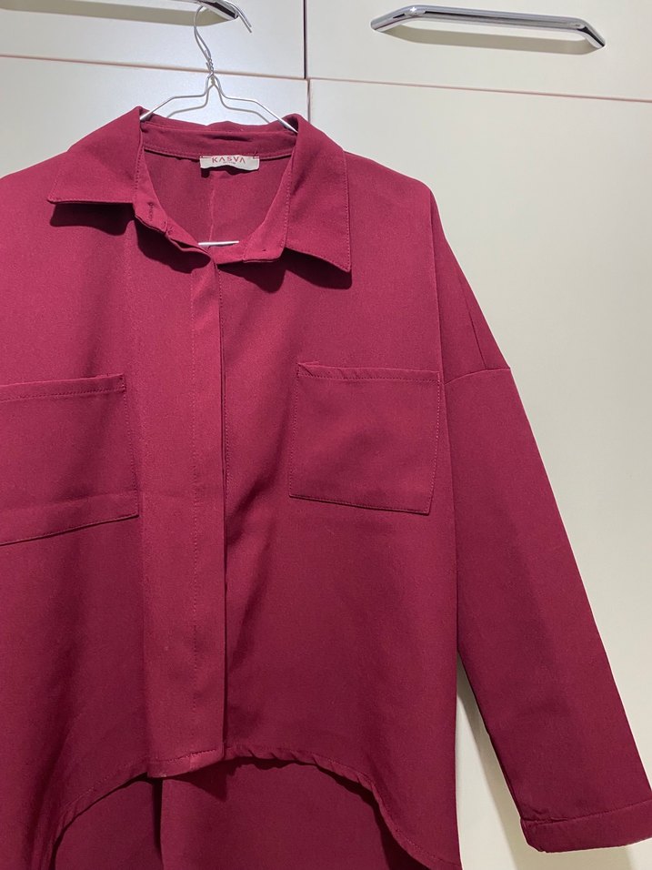 Bordo Düğmeli Salaş Kadın Gömlek - Görsel 2