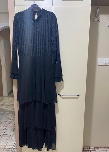 Siyah Uzun Kollu Şifon abiye elbise - Görsel 2