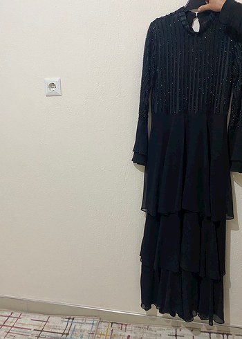 Siyah Uzun Kollu Şifon abiye elbise - Görsel 3