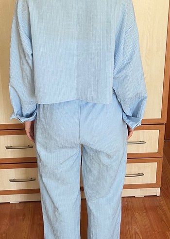 Mavi Keten Düğmeli Salaş Kadın Gömlek takım - Görsel 4