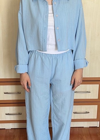 Mavi Keten Düğmeli Salaş Kadın Gömlek takım - Görsel 3