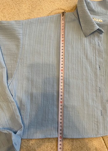 Mavi Keten Düğmeli Salaş Kadın Gömlek takım - Görsel 6