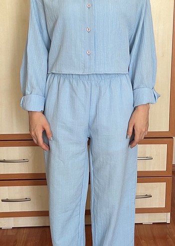 Mavi Keten Düğmeli Salaş Kadın Gömlek takım - Görsel 2