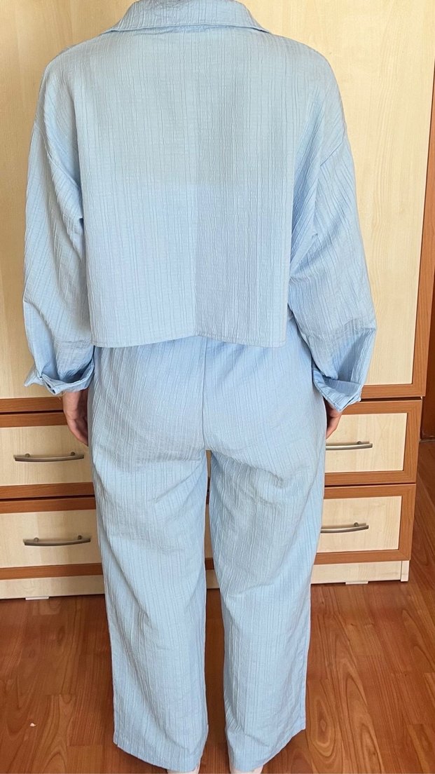 Mavi Keten Düğmeli Salaş Kadın Gömlek takım - Görsel 4