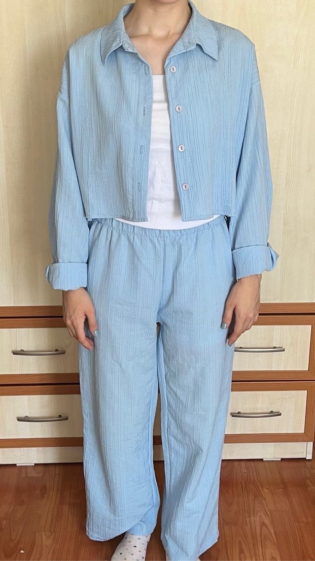 Mavi Keten Düğmeli Salaş Kadın Gömlek takım - Görsel 3