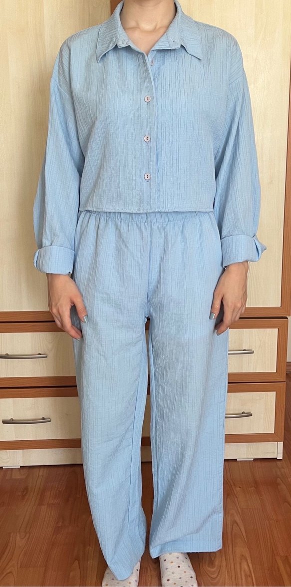 Mavi Keten Düğmeli Salaş Kadın Gömlek takım - Görsel 2