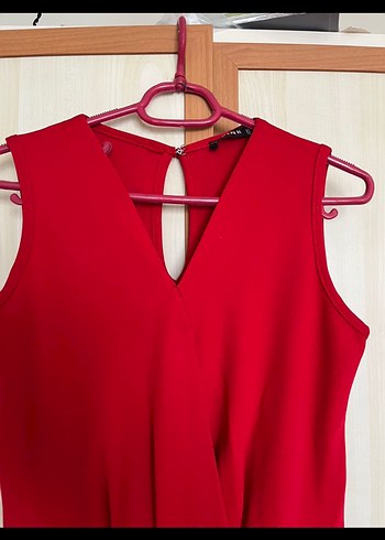 Kırmızı Drapeli V Yakalı Kadın Tulum - Görsel 4