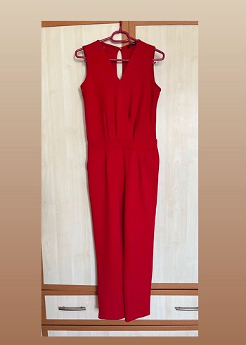 Kırmızı Drapeli V Yakalı Kadın Tulum - Görsel 2