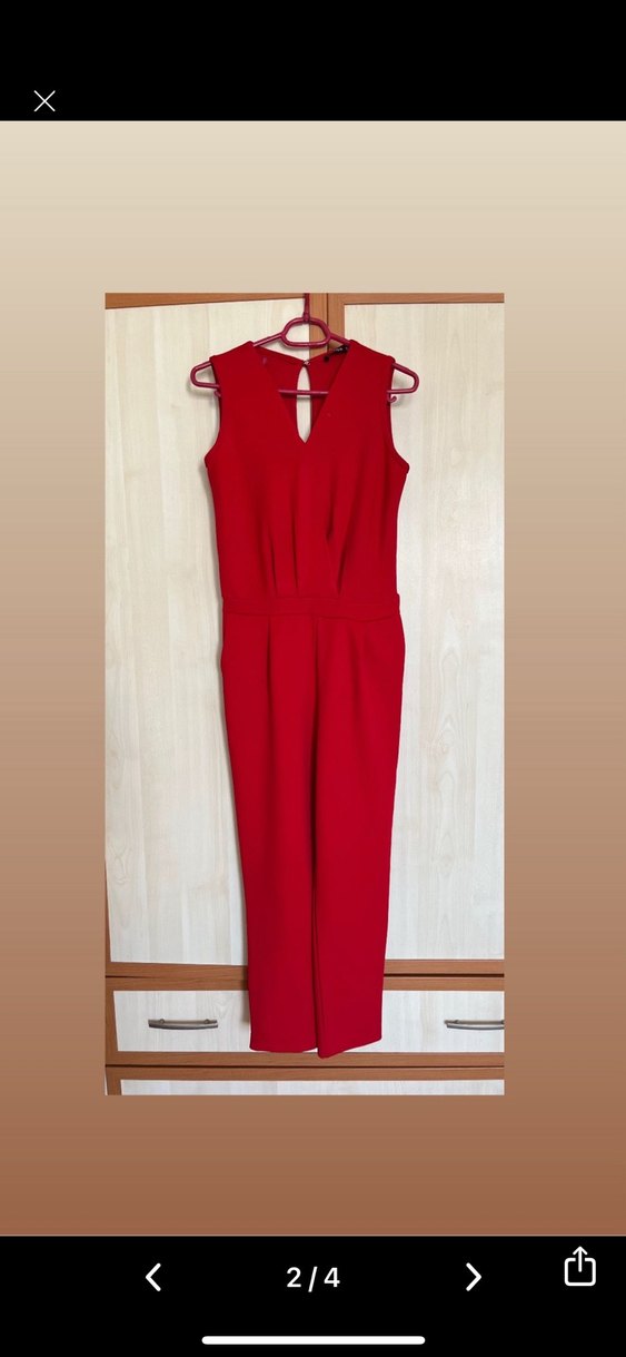 Kırmızı Drapeli V Yakalı Kadın Tulum - Görsel 2