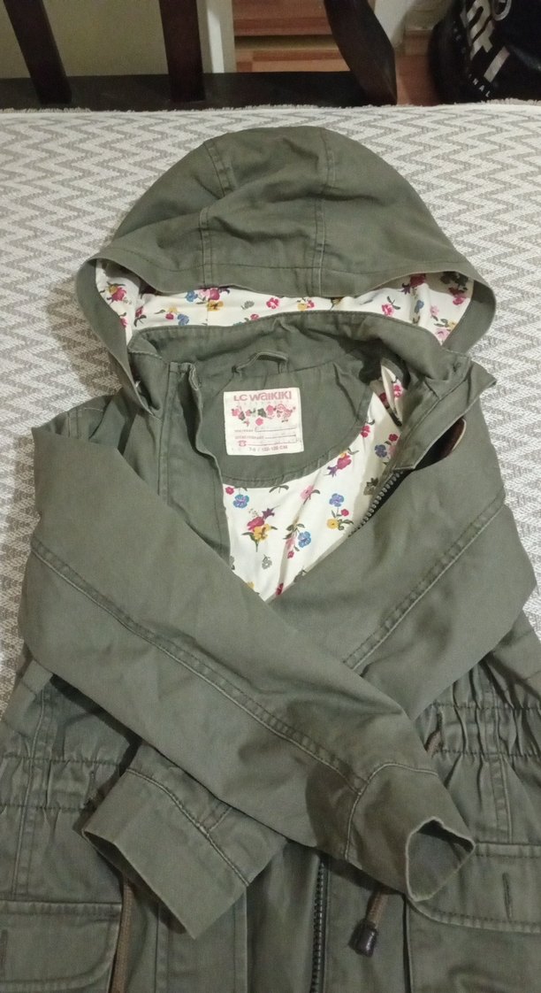 Gri Kapüşonlu Nakışlı Kız Montu - Görsel 4