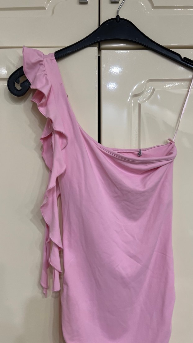 Bershka marka Pembe Drapeli Straplez Midi Elbise - Görsel 3