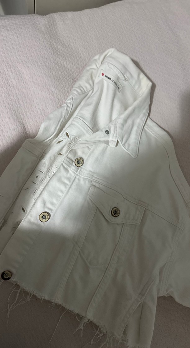 Beyaz Düğmeli Kadın Denim Ceket - Görsel 3