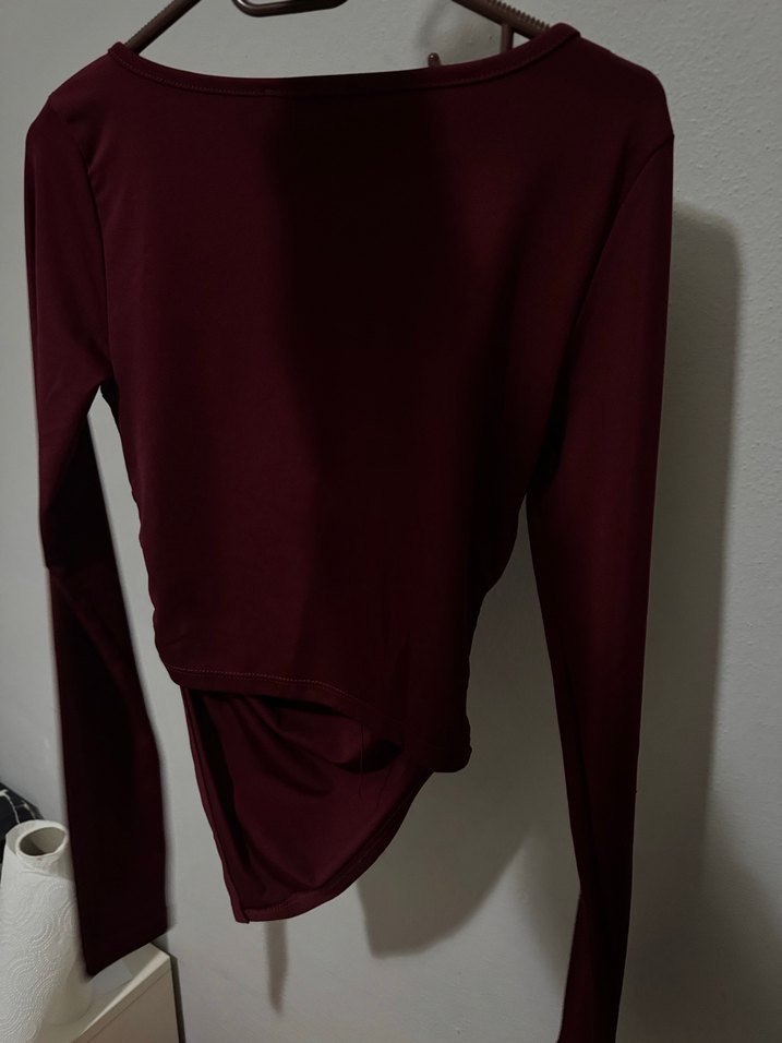 Bordo V Yaka Drapeli Kadın Bluz - Görsel 2