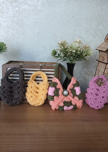 Çiçek Desenli Örgü Bohem Kadın Çantası anahtarlık - Görsel 6