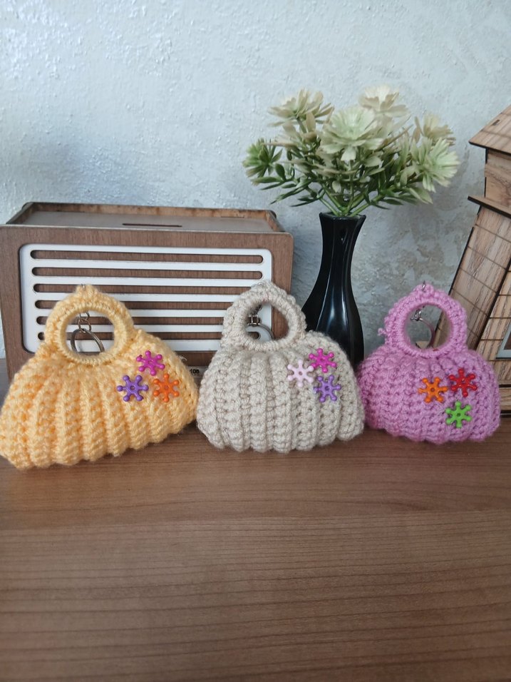 Çiçek Desenli Örgü Bohem Kadın Çantası anahtarlık - Görsel 5