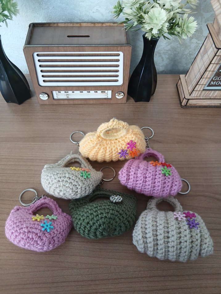 Çiçek Desenli Örgü Bohem Kadın Çantası anahtarlık - Görsel 2