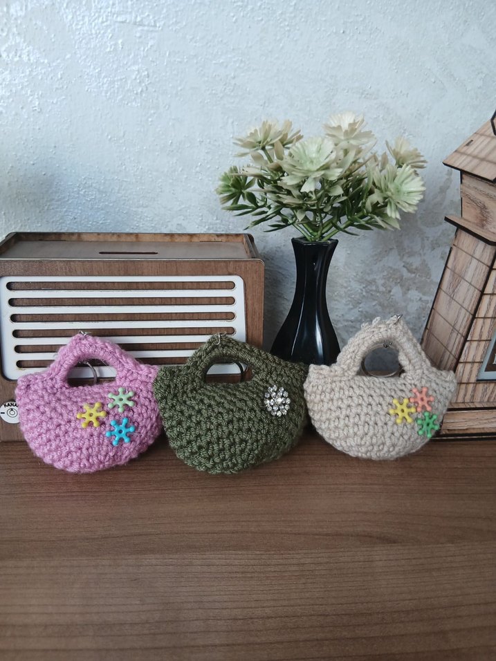 Çiçek Desenli Örgü Bohem Kadın Çantası anahtarlık - Görsel 4