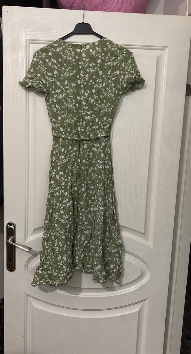 Yeşil V Yaka Kemerli Uzun Elbise - Görsel 5