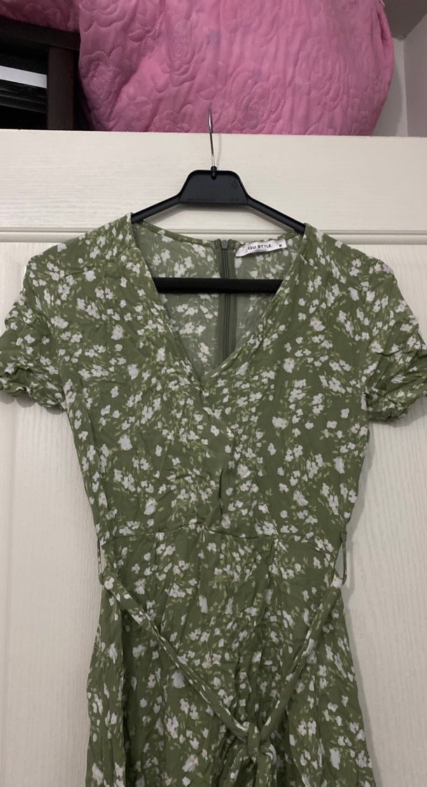 Yeşil V Yaka Kemerli Uzun Elbise - Görsel 2