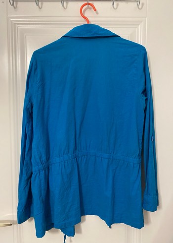 Mavi Düğmeli Uzun Kollu Keten Kadın Gömlek - Görsel 3