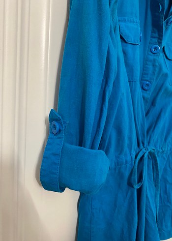 Mavi Düğmeli Uzun Kollu Keten Kadın Gömlek - Görsel 6