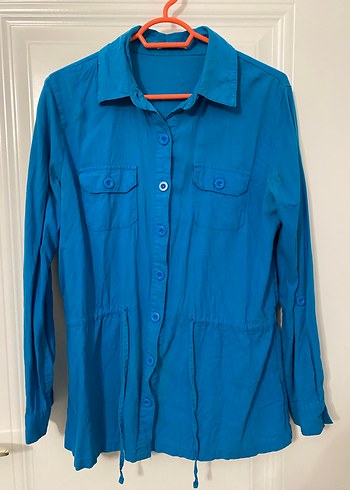 Mavi Düğmeli Uzun Kollu Keten Kadın Gömlek - Görsel 4