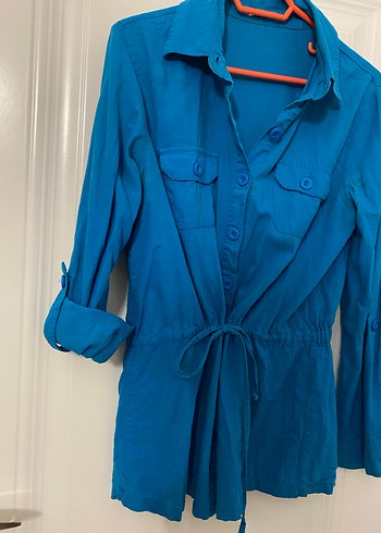 Mavi Düğmeli Uzun Kollu Keten Kadın Gömlek - Görsel 5