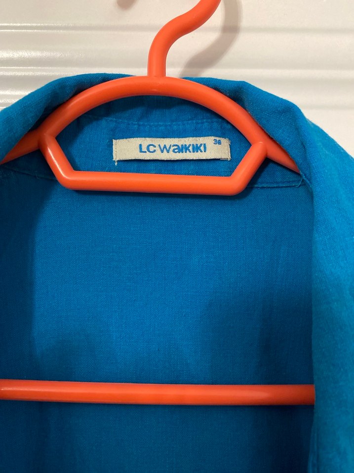 Mavi Düğmeli Uzun Kollu Keten Kadın Gömlek - Görsel 2