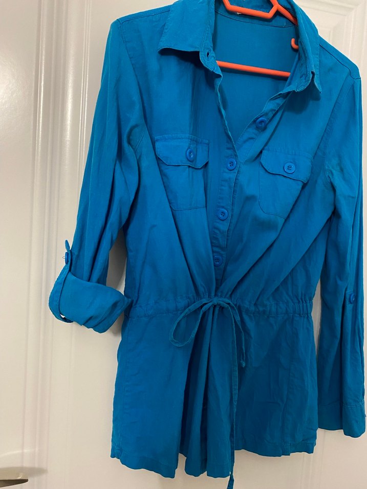 Mavi Düğmeli Uzun Kollu Keten Kadın Gömlek - Görsel 5