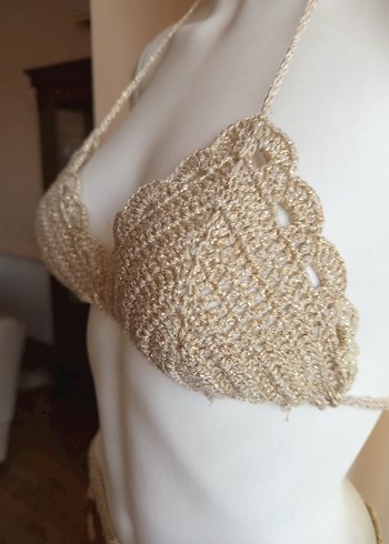 s Beden altın Renk El örgüsü simli gold bikini üst ve pullu etek