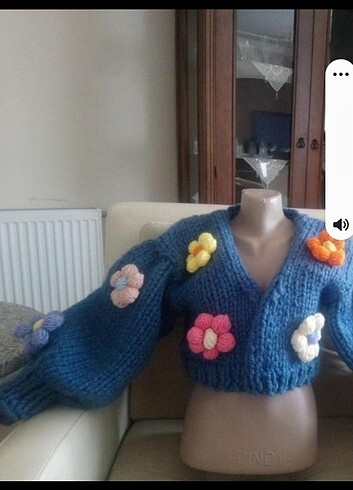diğer Beden mavi Renk El örgüsü çiçekli crop hırka