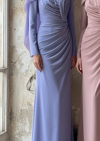 Pastel Mor Uzun Drapeli Kadın Abiye Elbise