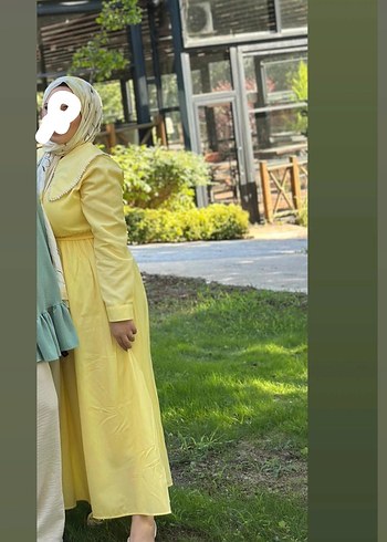 Sarı Uzun inci yakalı Tesettür Elbise
