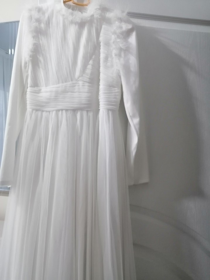 Uzun Kollu Beyaz nikah elbisesi - Görsel 4