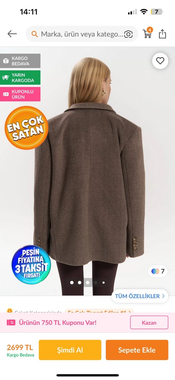 Kahverengi Düğmeli Kadın Yün Blazer Ceket - Görsel 4