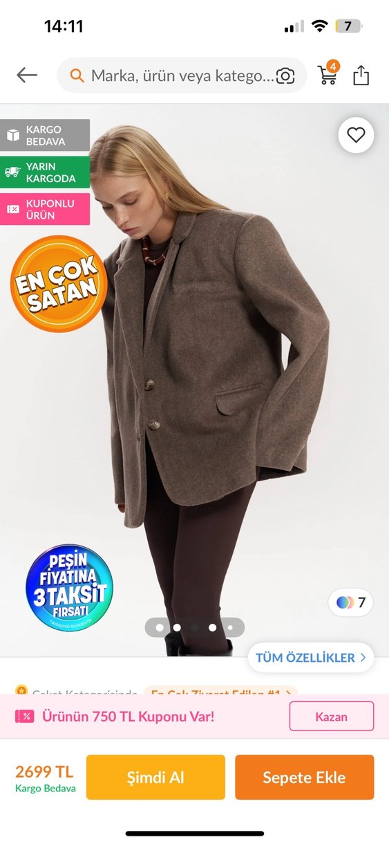 Kahverengi Düğmeli Kadın Yün Blazer Ceket - Görsel 2