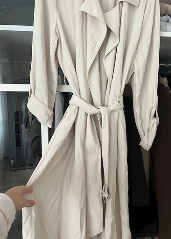 Bej Keten Uzun Kadın Trençkot - Görsel 2