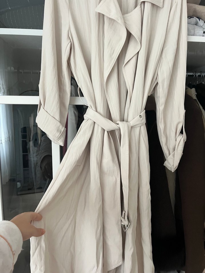 Bej Keten Uzun Kadın Trençkot - Görsel 2