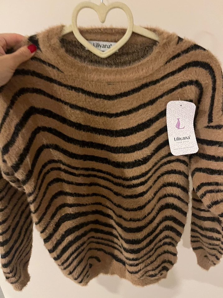 Kahverengi Zebra Desenli Kadın Triko Kazak - Görsel 2