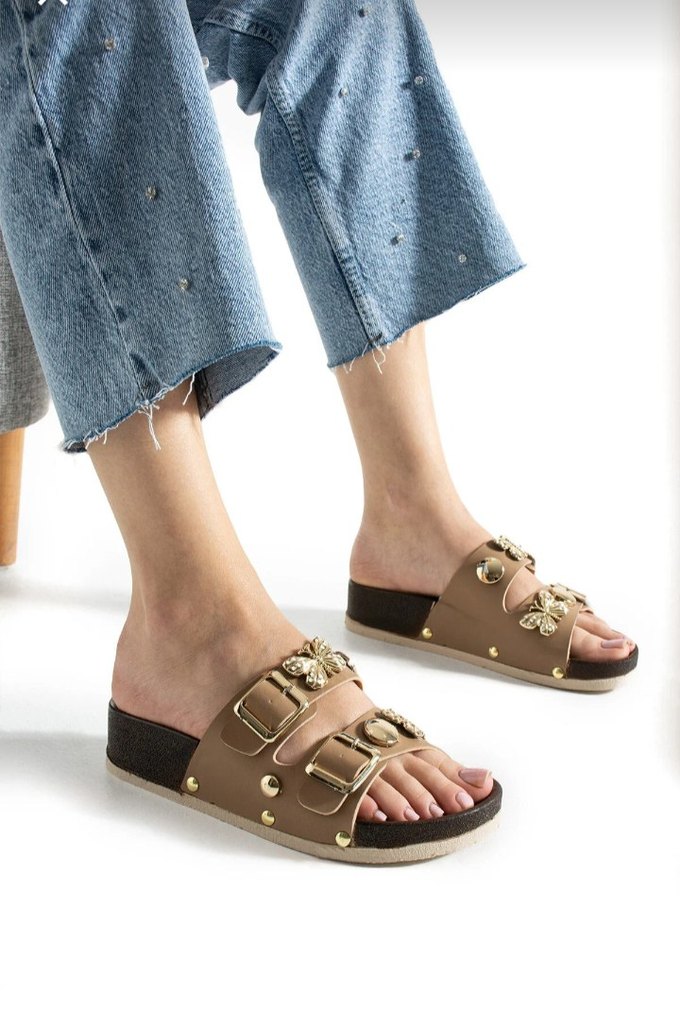 Bej Kelebekli Platform Topuklu Kadın Terlik - Görsel 4