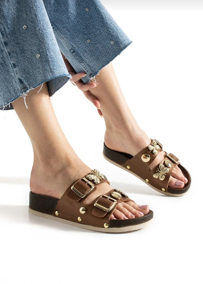 Kahverengi Deri Kemerli Kadın Terlik - Görsel 5