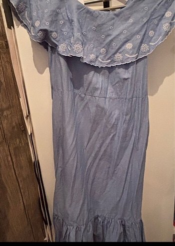 Gri Nakışlı Uzun Denim Elbise