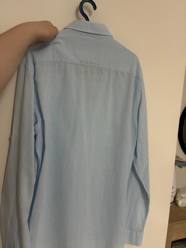 Düğmeli Mavi Keten Erkek Gömlek - Görsel 2