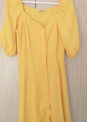LC Waikiki Sarı Düğmeli Mini Keten Elbise