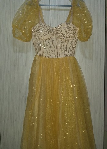 Abiye Sarı Drapeli Uzun Vintage Abiye Elbise