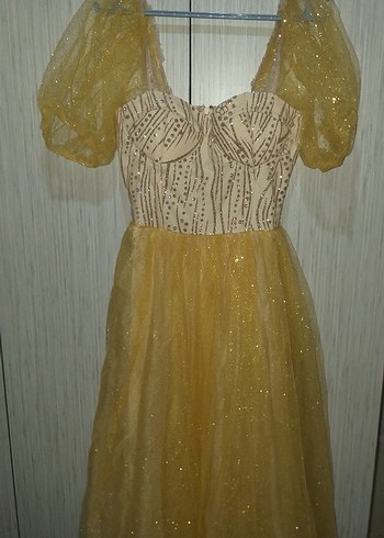 Sarı Drapeli Uzun Vintage Abiye Elbise