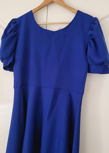 Mavi V Yakalı Kısa Kollu Midi Elbise - Görsel 7