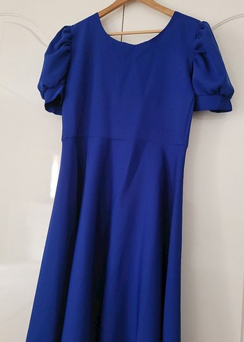 Mavi V Yakalı Kısa Kollu Midi Elbise - Görsel 5