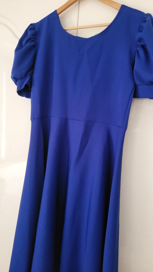 Mavi V Yakalı Kısa Kollu Midi Elbise - Görsel 3